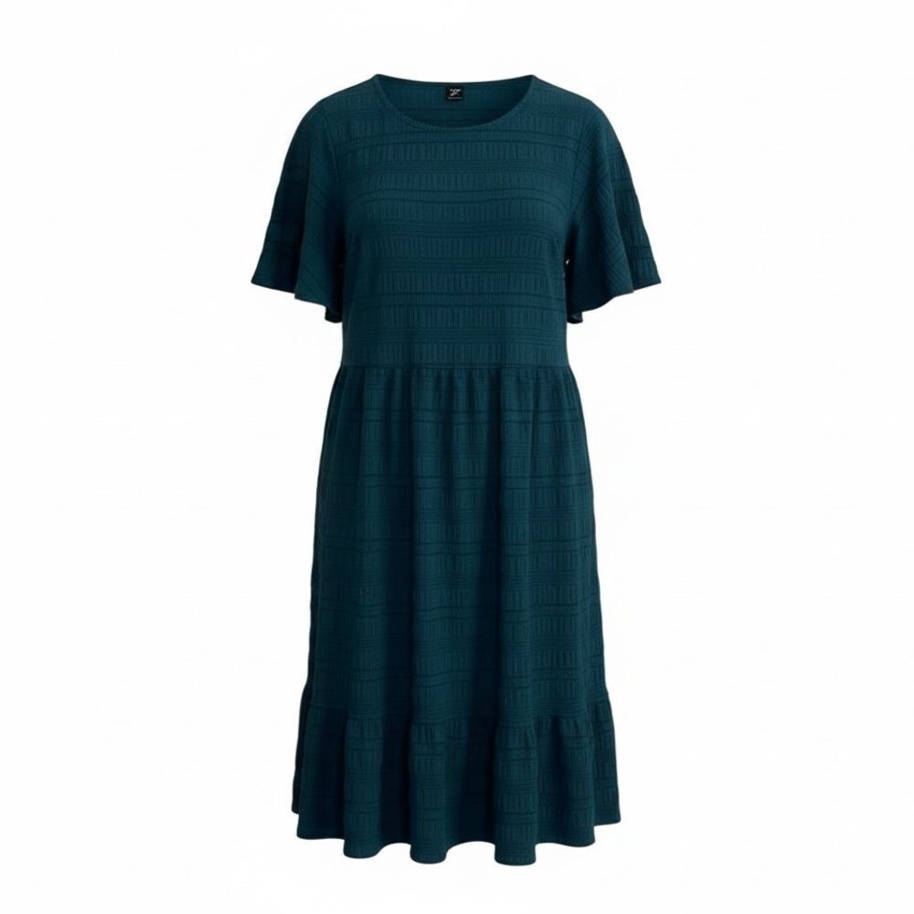 Shein Curve Short Sleeve Textured Ruffle Hem Luneh Babydoll Dress Teal 2XL